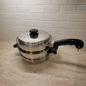 Panela a vapor vintage Saladmaster em aço inoxidável com banho-maria e tampa Vapo.