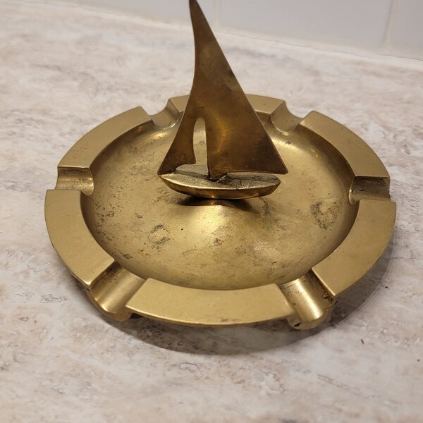 Vintage Nanco Brass Nautical Sailboat Ashtray, Yacht Ashtray