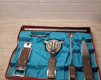 Vintage 1970s Teakwood and Stainless Steel Barware Set, Midcentury Modern Barware Set, Vintage Cocktail Tools