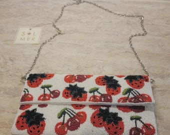 Strawberry Cherry Beaded Shoulder Bag, Handmade Sequin Beaded Purse, Beaded Bag