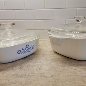 Könnte beinhalten: Zwei weiße Auflaufformen mit Deckeln aus klarem Glas. Jede Form hat ein blaues Blumendesign an der Seite. Die Formen stehen auf einer hellen Arbeitsplatte mit einer weißen Fliesenspiegel.
