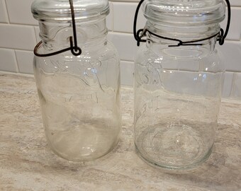 Vintage Clear Ball Ideal Glass Quart Clear Glass Canning Jar Wire Bail Closure, set of 2