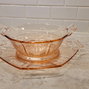 Vintage Pink Depression Glass Bowl and Under Plate, Pink Optic Glass, Depression Glass with Handles
