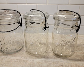 Vintage Pint Ball Ideal Canning Jar & Lid Wire Bail Mid Century Kitchen, lot of 3
