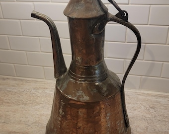 Large Antique Middle Eastern Hammered Copper Water Pitcher With Lid, Vintage Copperware, Water Ewer