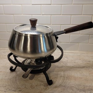Vintage Mid Century Modern Stainless-Steel Cast-Iron Fondue Pot and Stand, Made in Japan, Vintage Fondue Pot