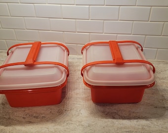 Vintage Tupperware Lunch Box Pak n Carry Orange Plastic Food Storage Container with Lid Tupperware Travel Lunch Box, Set of 2