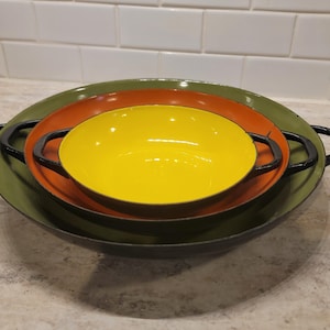 Mid Century Enameled Cast Iron Sizzling Serving Pans, Enamel Sauté Serving Pans