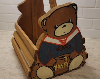 Vintage 1980s Teddy Bear Themed Basket, Vintage Wooden Teddy Bear