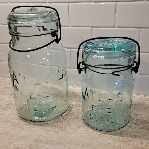 Vintage Atlas E-Z Seal Aqua Glass Sealing Jars with Bailing Wire Locking Glass Lids- Set of 2, One Quart Size, One Pint Sizd