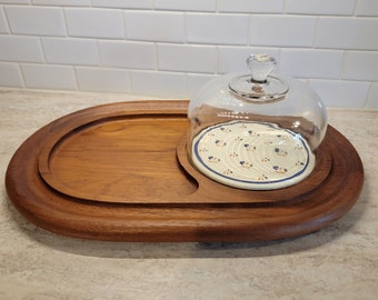 Vintage Goodwood Teak Kaasplank Dienblad met Glazen Koepel, Goodwood Charcuterie MCM Teakhout