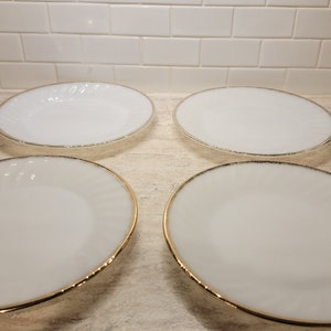 Vintage  FireKing Oven Ware Swirl White Milk Glass Gold Trim Dinner Plates Set of 4