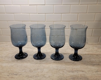 Vintage Pfaltzgraff Yorktowne Blue Glassware Goblet Wine Glass Set of 4 Etched Flower Floral Design 12 oz.