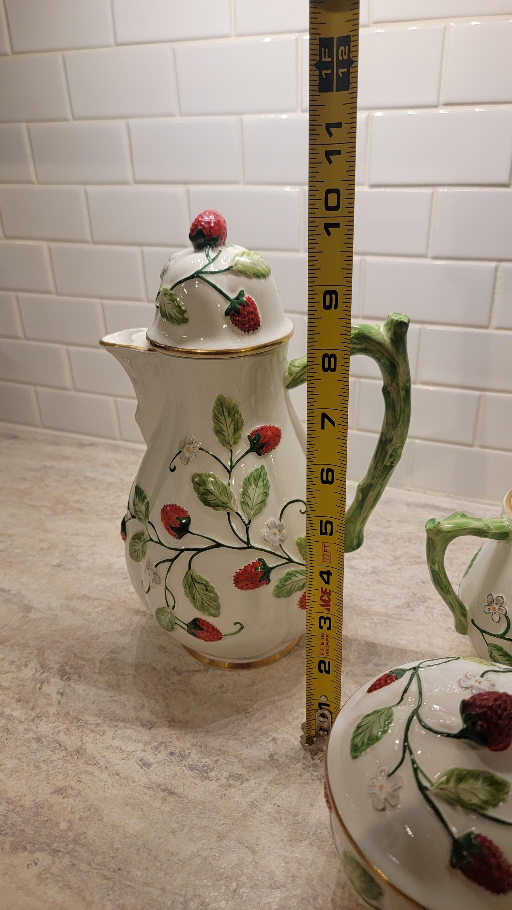 Vintage Majolica Strawberry Pitcher Sugar Bowl and Creamer, Raised
