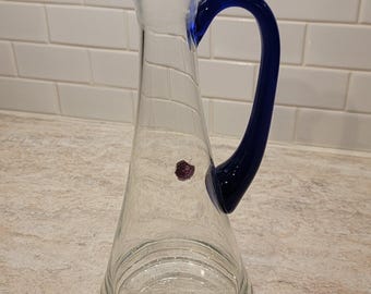 Vintage Romania Crystal Large Pitcher Cobalt Blue Handle, 11' Tall