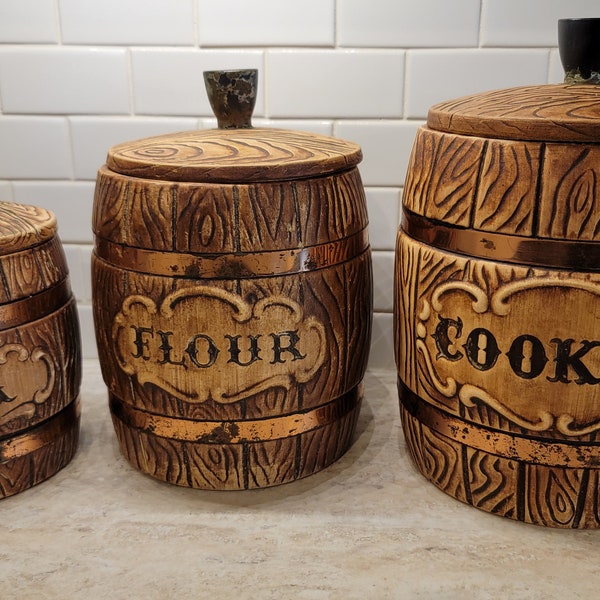 Treasure Craft Wood Barrel Canister Set of 3 Vintage 1960s, Vintage Cookie Jar, Vintage Canister Kitchen Set