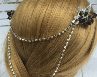 bridal hair chain, purple back head piece, silver head chains, wedding forehead jewelry, hair chain headpiece, Art Deco headpiece, hair comb