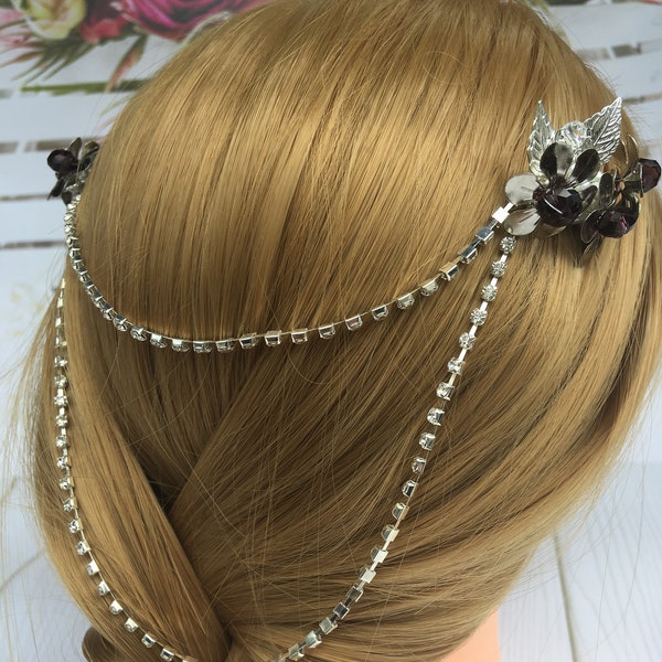 bridal hair chain, purple back head piece, silver head chains, wedding forehead jewelry, hair chain headpiece, Art Deco headpiece, hair comb