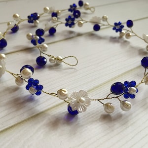 blue hair vine wedding, blue headpiece bridal, sapphire hair vine, sapphire headband wedding, blue flowers tiara, blue crystal and pearl