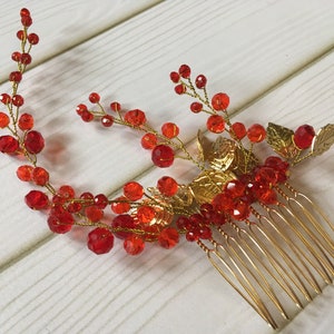 red wedding hair comb, red crystal hair comb, red and gold hair comb, red bridal hair comb, red hair vine, bridesmaid headpiece, prom comb