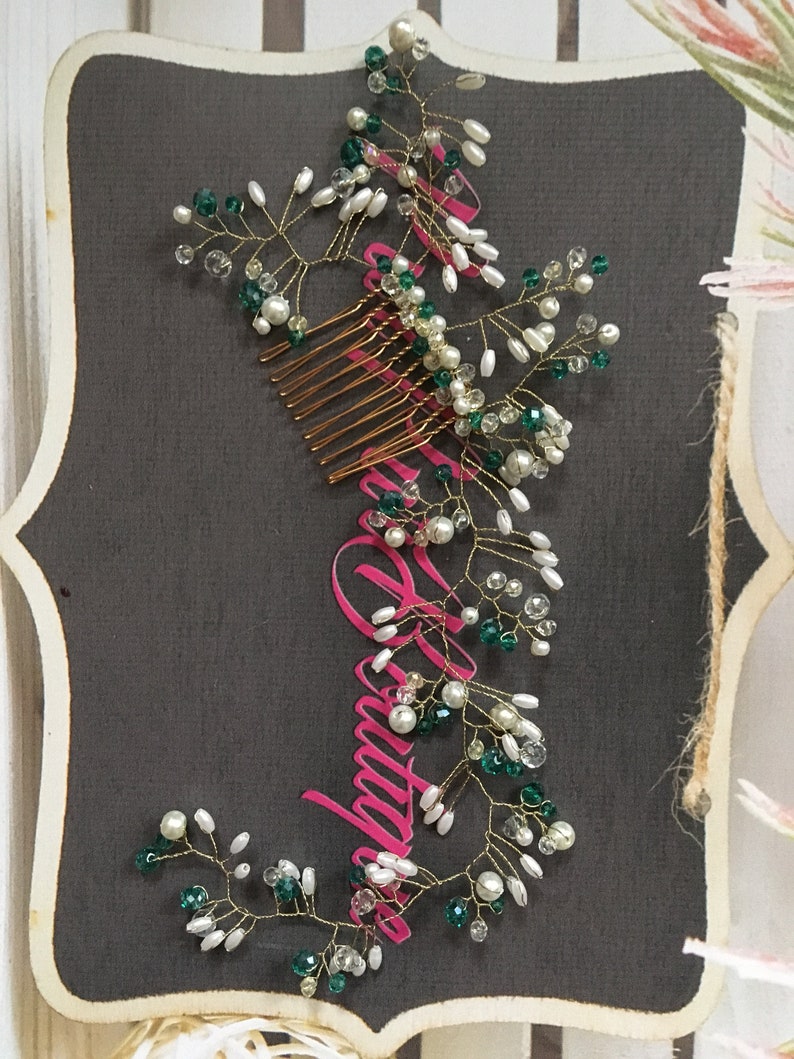 Green accessory comb necklace hair clip hair wrap bridesmaids gift jewelry beaded vine emerald bride bridal headpiece gold flower fairy