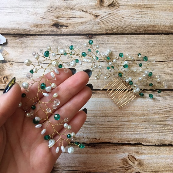 Green accessory comb necklace hair clip hair wrap bridesmaids gift jewelry beaded vine emerald bride bridal headpiece gold flower fairy