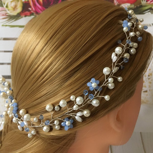 wedding blue pearl hair vine, blue pearl headpiece for wedding, bridal blue hair vine, pearl hair vine, blue wedding hair piece