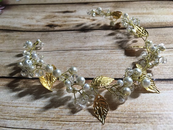 Crystal and Pearl Hair Vine, Leaf Hair Vine, Gold Wedding 