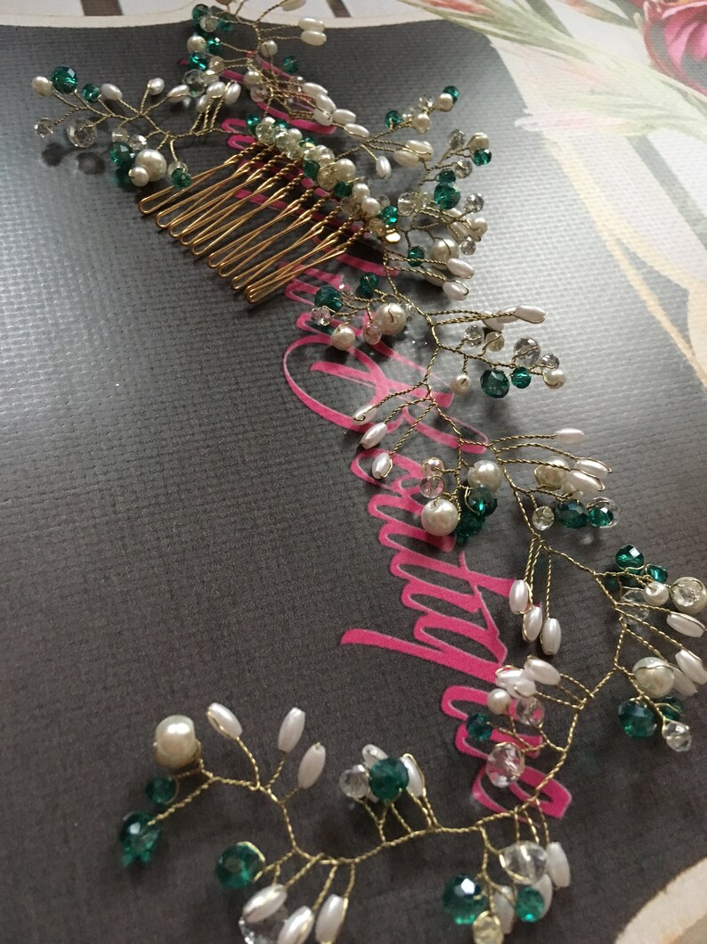 Green accessory comb necklace hair clip hair wrap bridesmaids gift jewelry beaded vine emerald bride bridal headpiece gold flower fairy