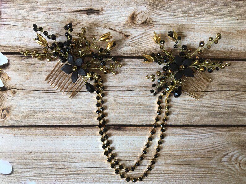 Black and Gold Hair Comb Black Crystal Hair Comb Black Etsy