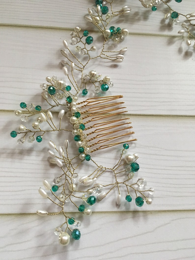 Green accessory comb necklace hair clip hair wrap bridesmaids gift jewelry beaded vine emerald bride bridal headpiece gold flower fairy