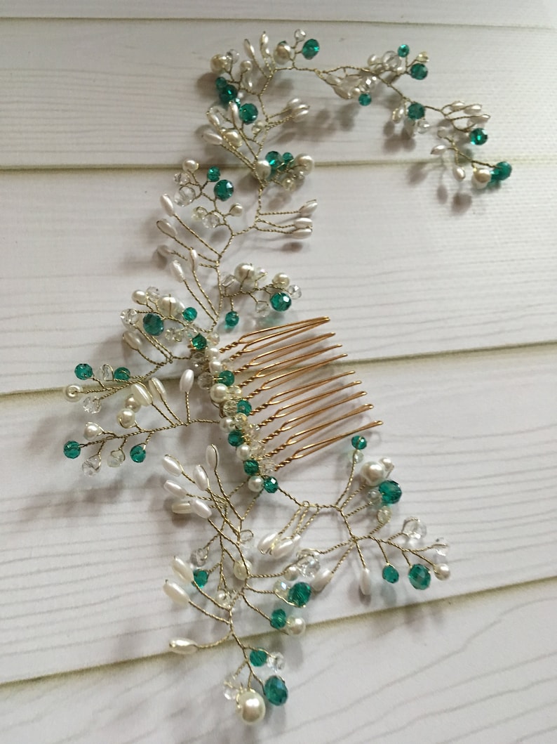 Green accessory comb necklace hair clip hair wrap bridesmaids gift jewelry beaded vine emerald bride bridal headpiece gold flower fairy