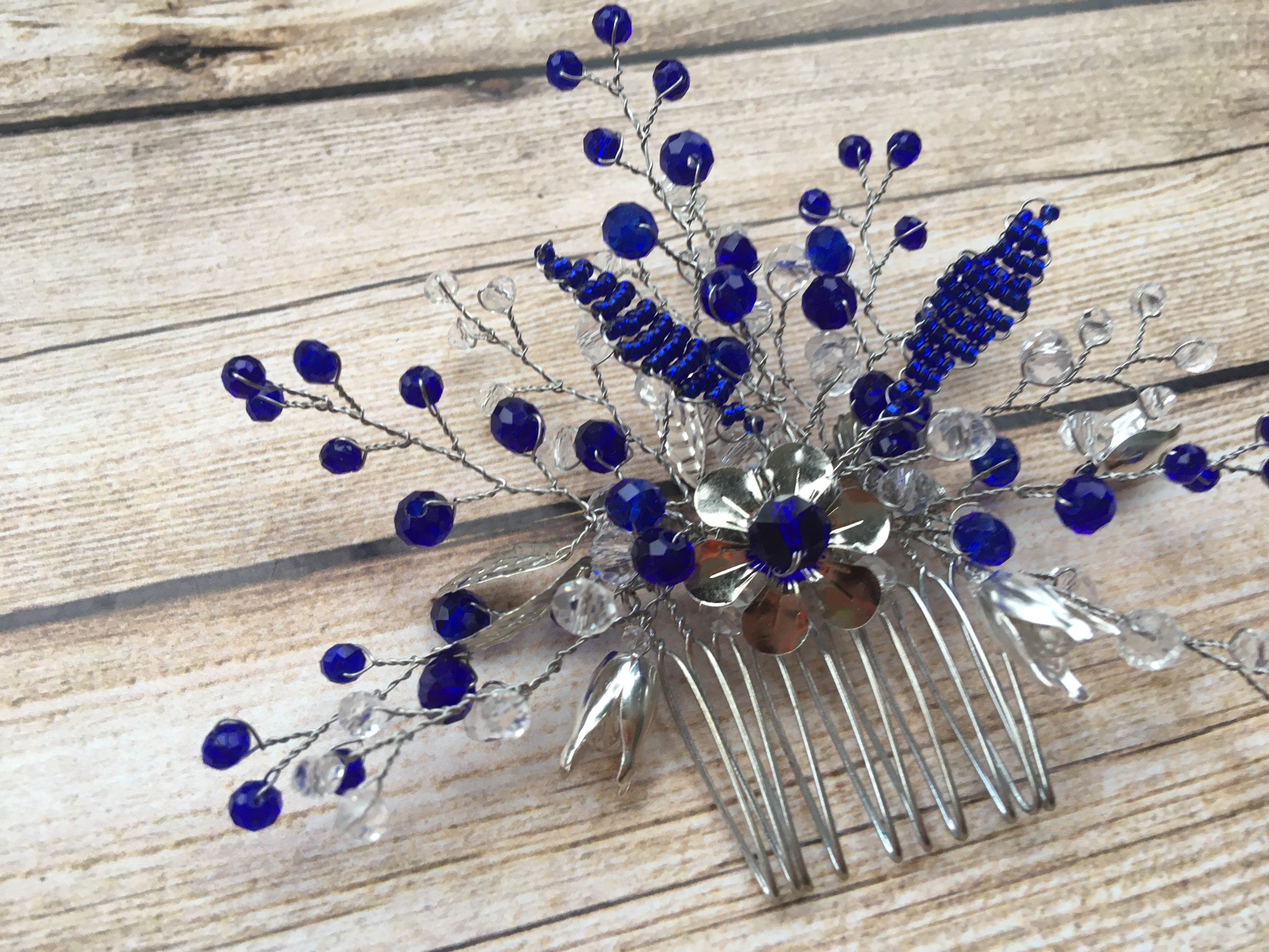 Blue Silver Wedding Hair Comb Navy Blue Hair Comb Silver Etsy