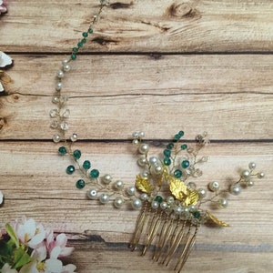 Pettine per capelli da sposa con smeraldo e perla, pettine per capelli da sposa verde, pettine per capelli da sposa con smeraldo e oro, accessori per capelli verdi per il matrimonio