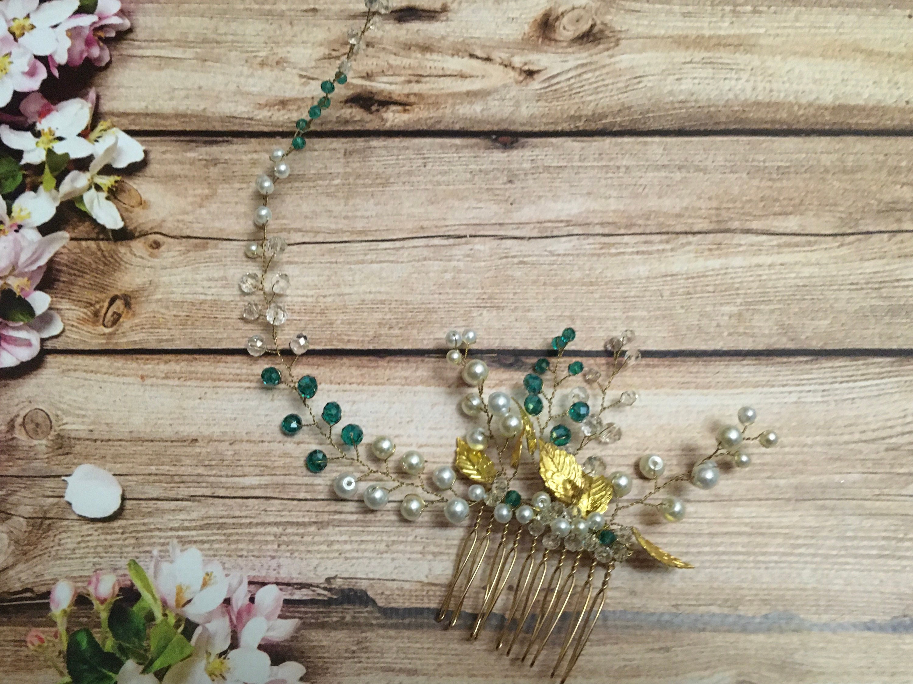 Emerald and Pearl Wedding Hair Comb, Green Wedding Hair Comb 