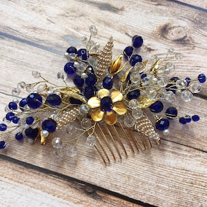 Blue Bridal Hair Comb, Navy Crystal Hairpiece, Bridesmaid Hair Clip, Gold and blue Hair Accessories, Sapphire Hairband, navy gold hair comb