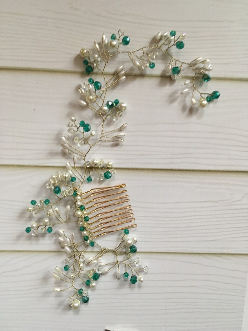 Green accessory comb necklace hair clip hair wrap bridesmaids gift jewelry beaded vine emerald bride bridal headpiece gold flower fairy