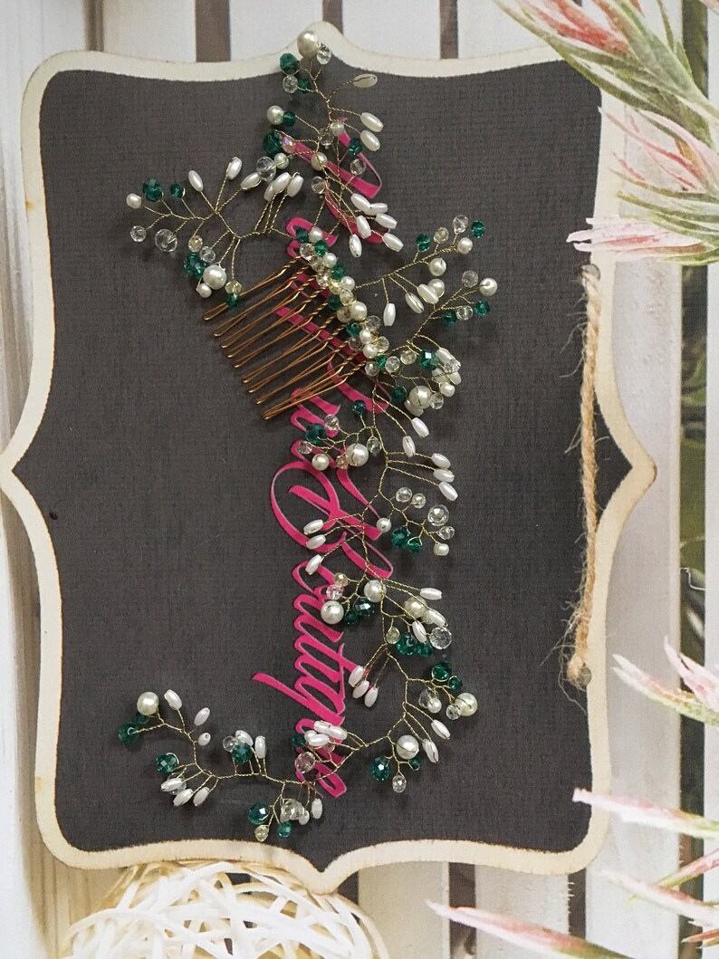 Green accessory comb necklace hair clip hair wrap bridesmaids gift jewelry beaded vine emerald bride bridal headpiece gold flower fairy