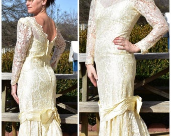 Vtg. 1980s Bridal Originals ivory lace, fishtail, mermaid wedding gown size 6 READ