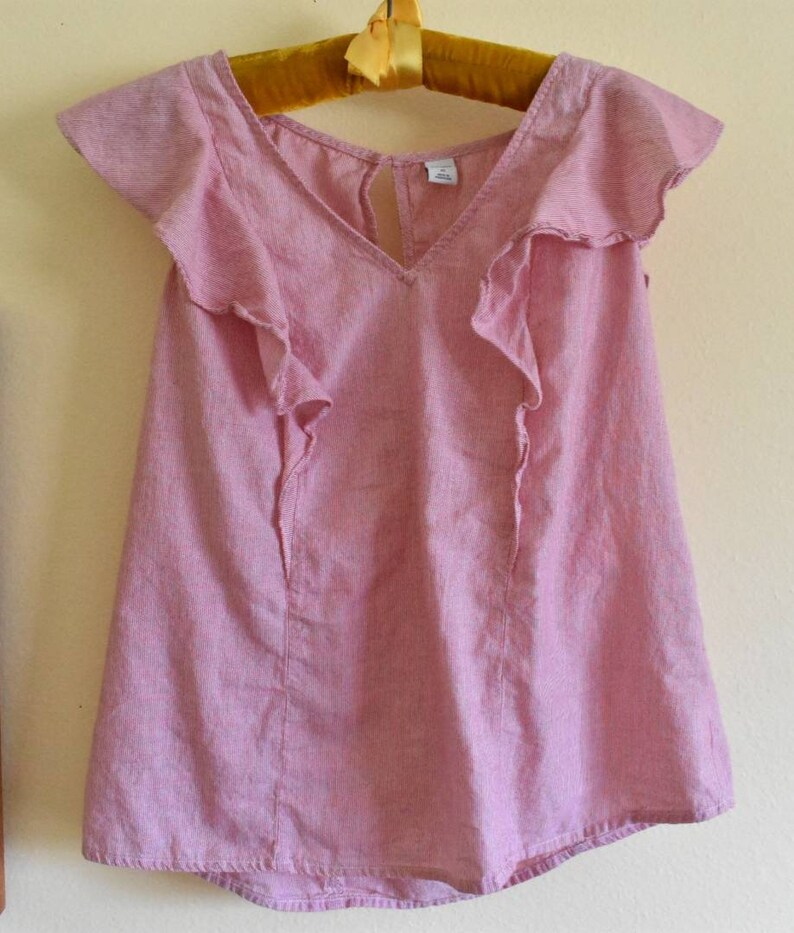 cotton ruffle shoulder light red stripes thin flutter sleeve v neck Vintage summer blouse sleeveless