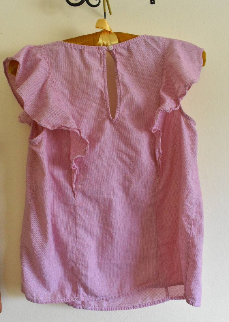 cotton ruffle shoulder light red stripes thin flutter sleeve v neck Vintage summer blouse sleeveless