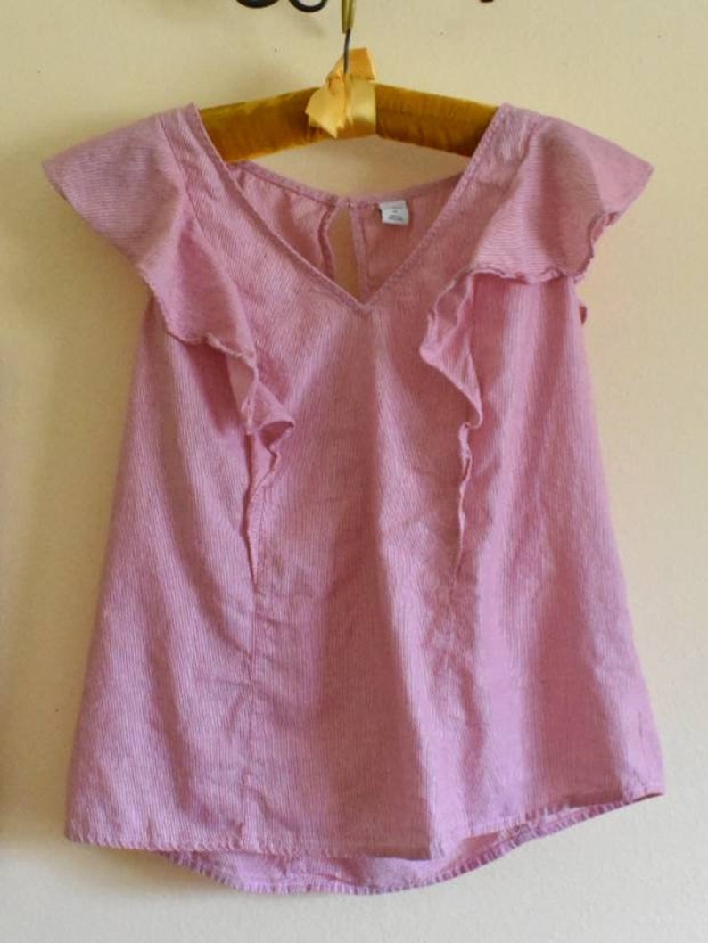 cotton ruffle shoulder light red stripes thin flutter sleeve v neck Vintage summer blouse sleeveless