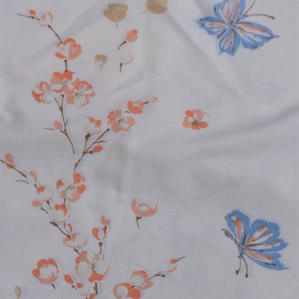 Vtg. Set of 2 Sears Roebuck King size cotton pillowcases, cream with peach flowers and blue butterflies