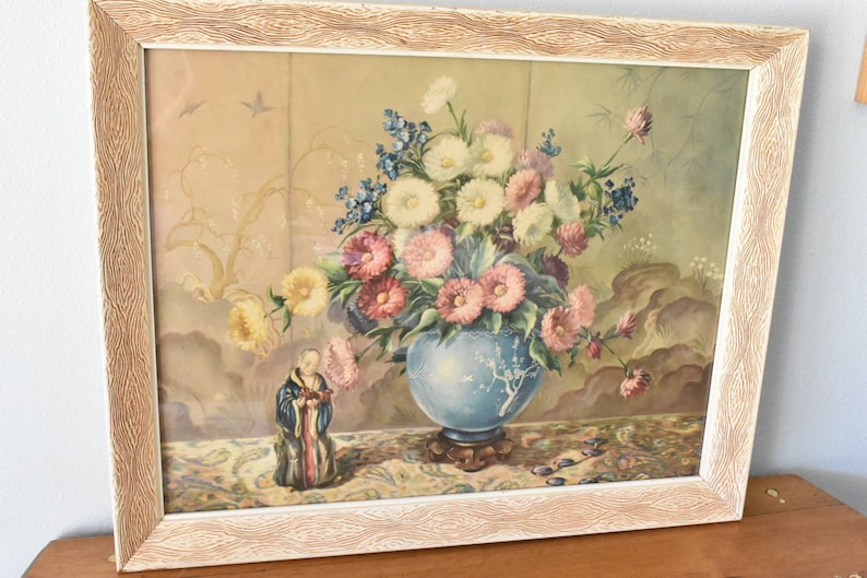 statue with bowl vase of chrysanthemums 20x25 frame unknown signature Vintage 1930s-40s still life print very nice