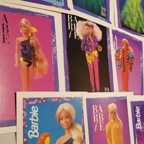 Barbie trading cards featuring 1986 Dreamglow, Astro Fashions