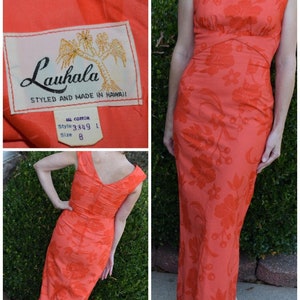 Vintage 60s Lauhala Hawaiian Pencil Dress Sundress Floral Orange Red Sz 8