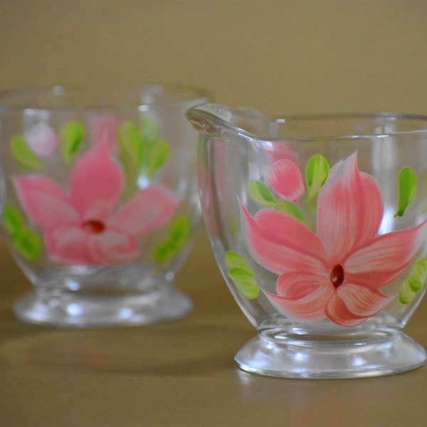 Bartlett Collins pink gay fad creamer and sugar clear glass handpainted