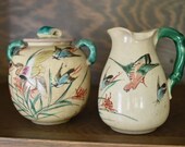 Antique Kinkozan Satsuma floral and bird tea set, creamer and sugar bowl, signed