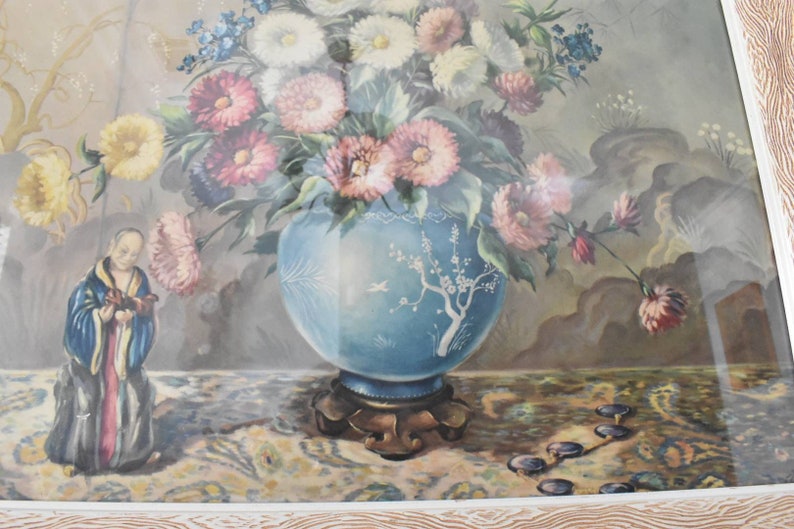 statue with bowl vase of chrysanthemums 20x25 frame unknown signature Vintage 1930s-40s still life print very nice