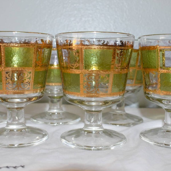 Vintage MCM Culver ltd footed glass, gold and green, Riviera water glass